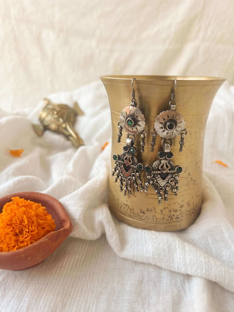 Fiza oxidised silver danglers with green and red onyx