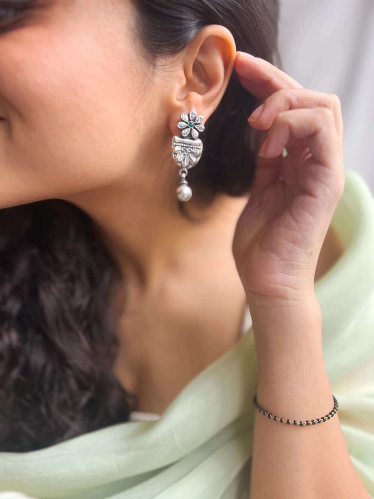 Nitara oxidised silver earrings with silver bead