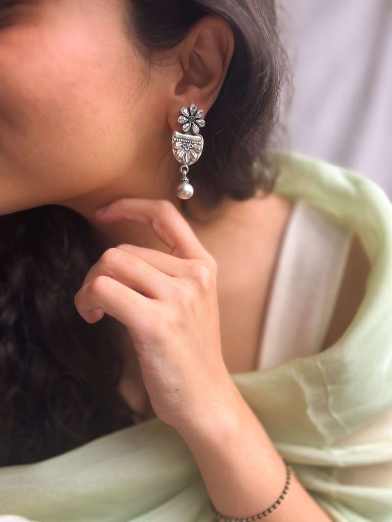 Nitara oxidised silver earrings with silver bead