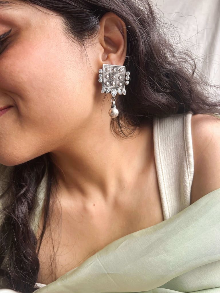 Chausar oxidised silver earring with zircons , silver bead