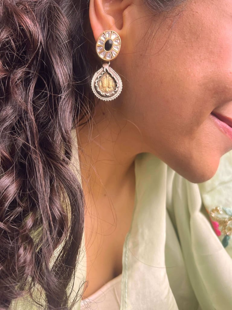 Ishwari silver drops in dual tone with kundan detail