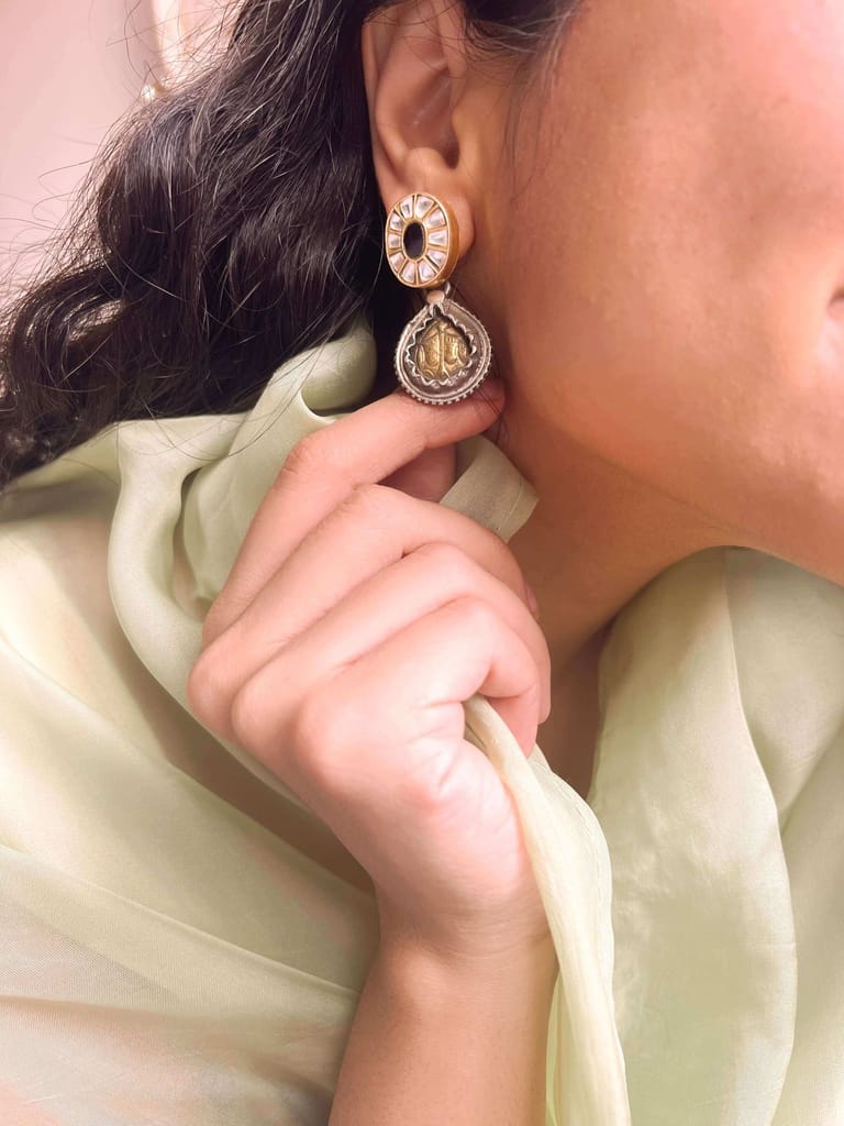 Ishwari silver drops in dual tone with kundan detail