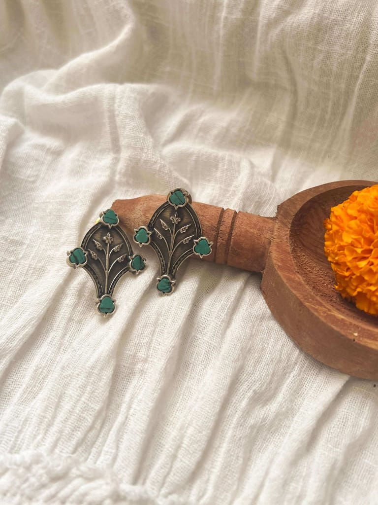 Phuhaar oxidised silver ear stud with turquoise stone
