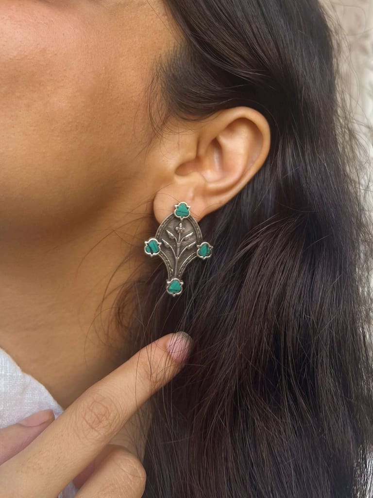 Phuhaar oxidised silver ear stud with turquoise stone