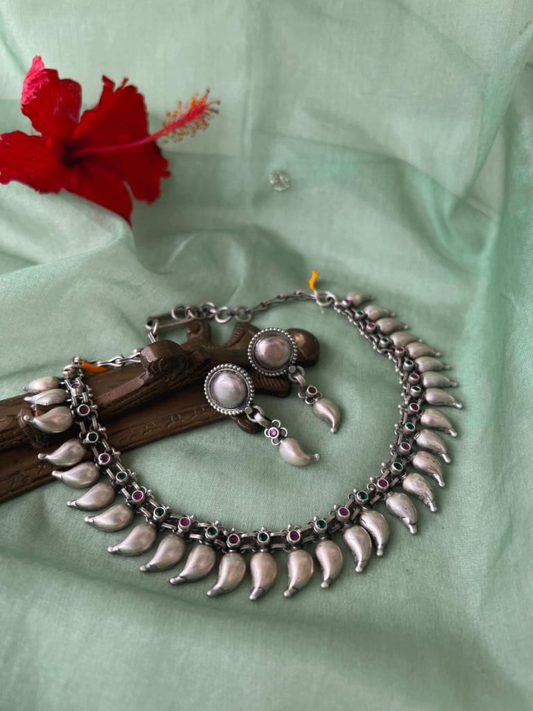 Keri oxidised silver necklace with emerald and ruby stone