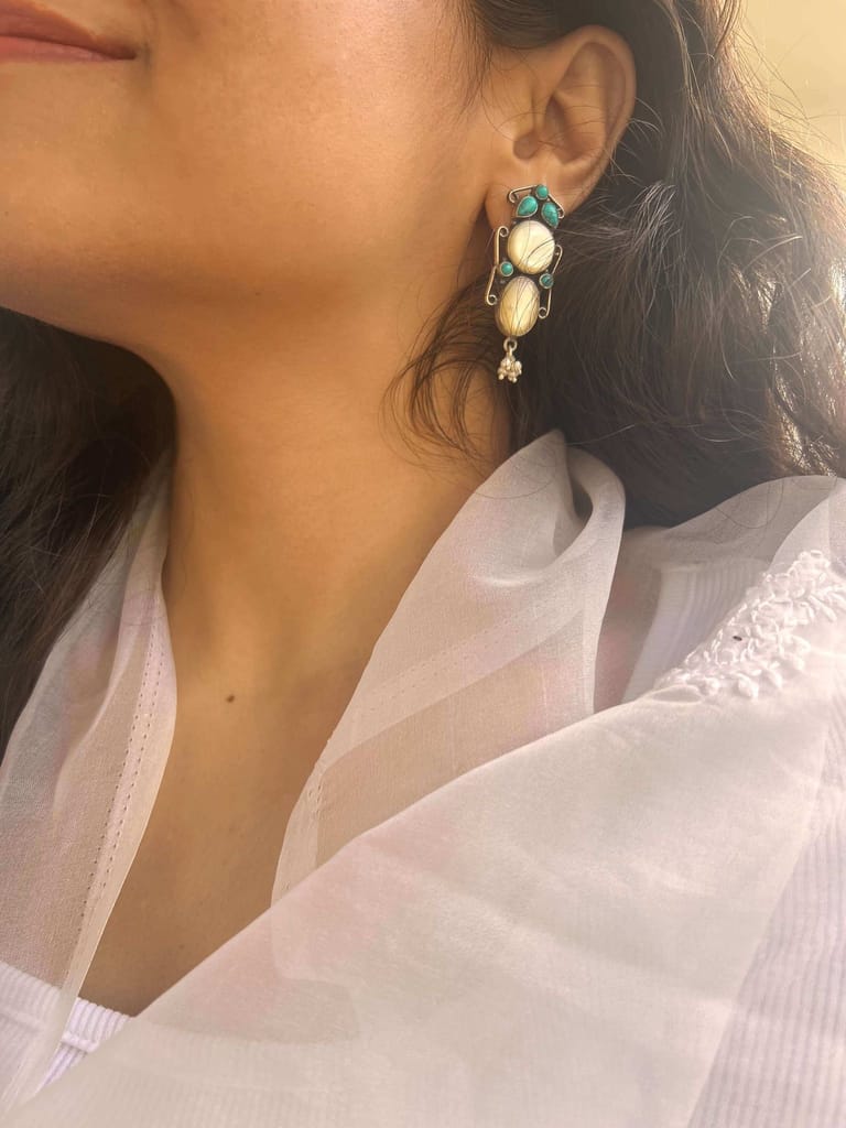 Saili oxidised silver earring with turq stone and shell