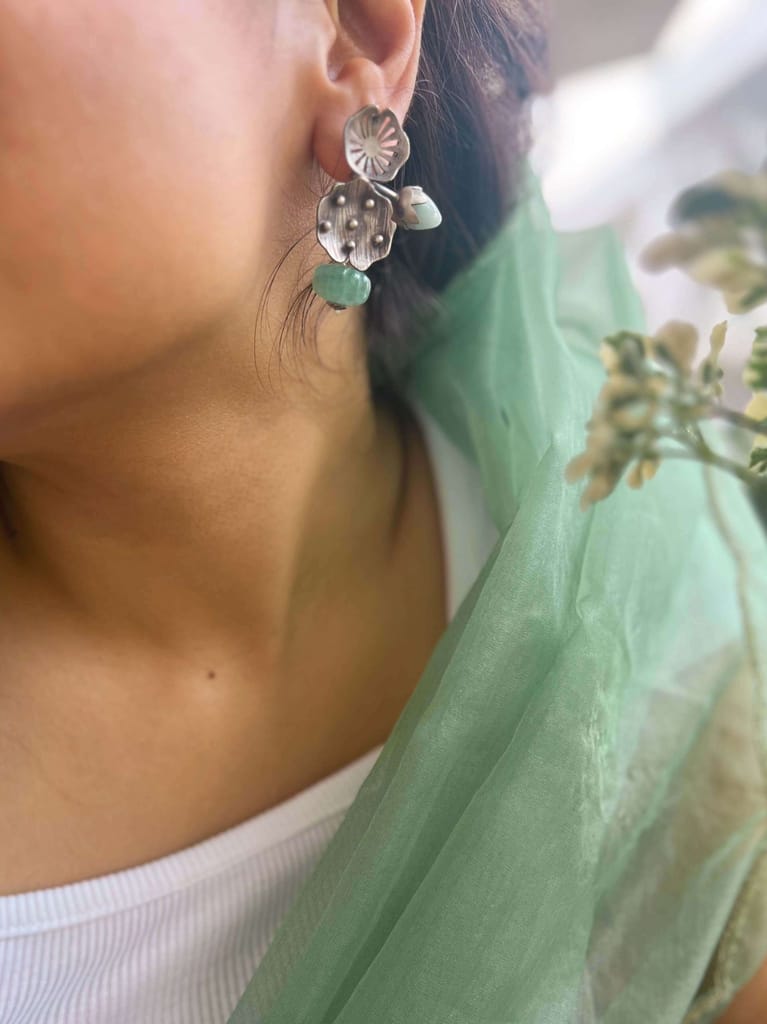 Jalaj silver earring with blue calcite and jade stone
