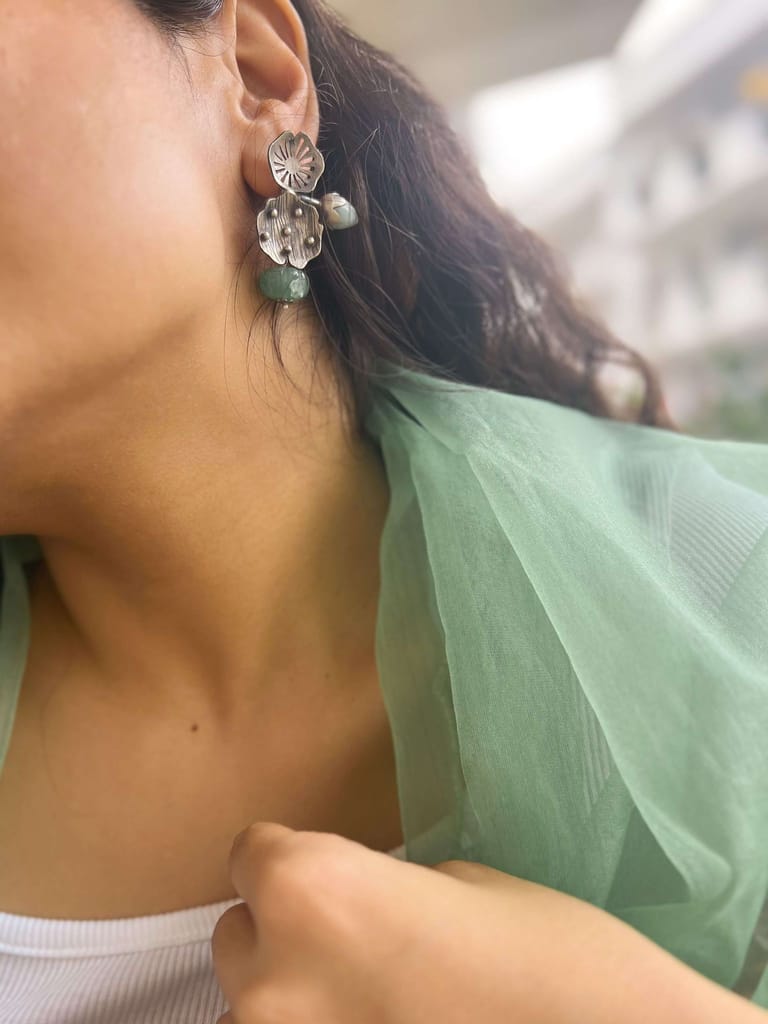 Jalaj silver earring with blue calcite and jade stone