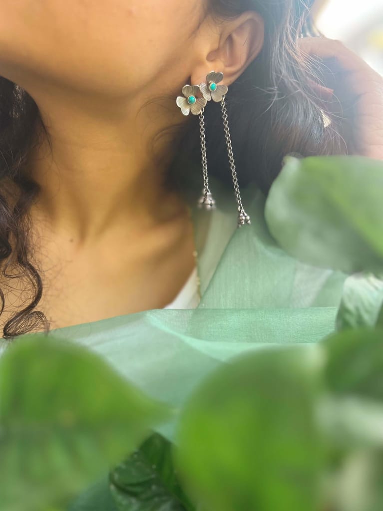 Ketki oxidised silver earring with silver ghunghroo hang chains