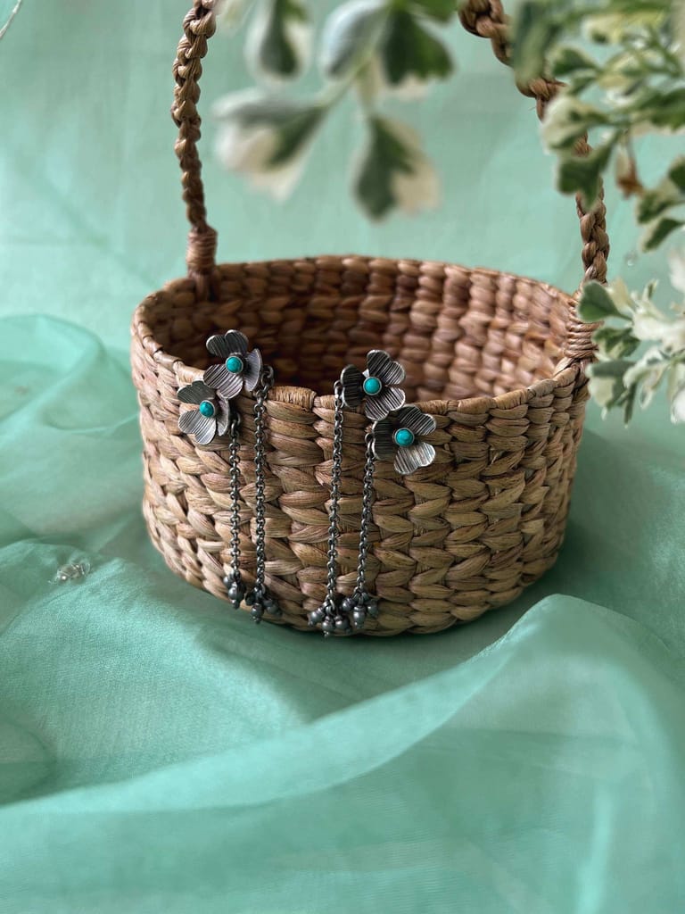 Ketki oxidised silver earring with silver ghunghroo hang chains
