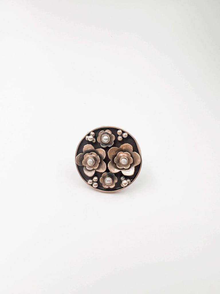 Sugandhi oxidised silver flower motif ring