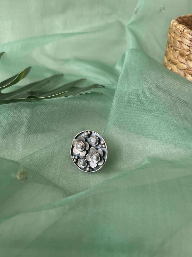 Sugandhi oxidised silver flower motif ring
