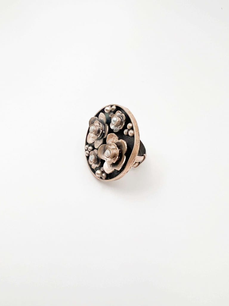 Sugandhi oxidised silver flower motif ring