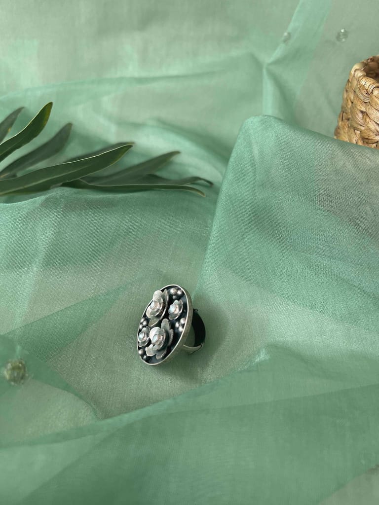 Sugandhi oxidised silver flower motif ring