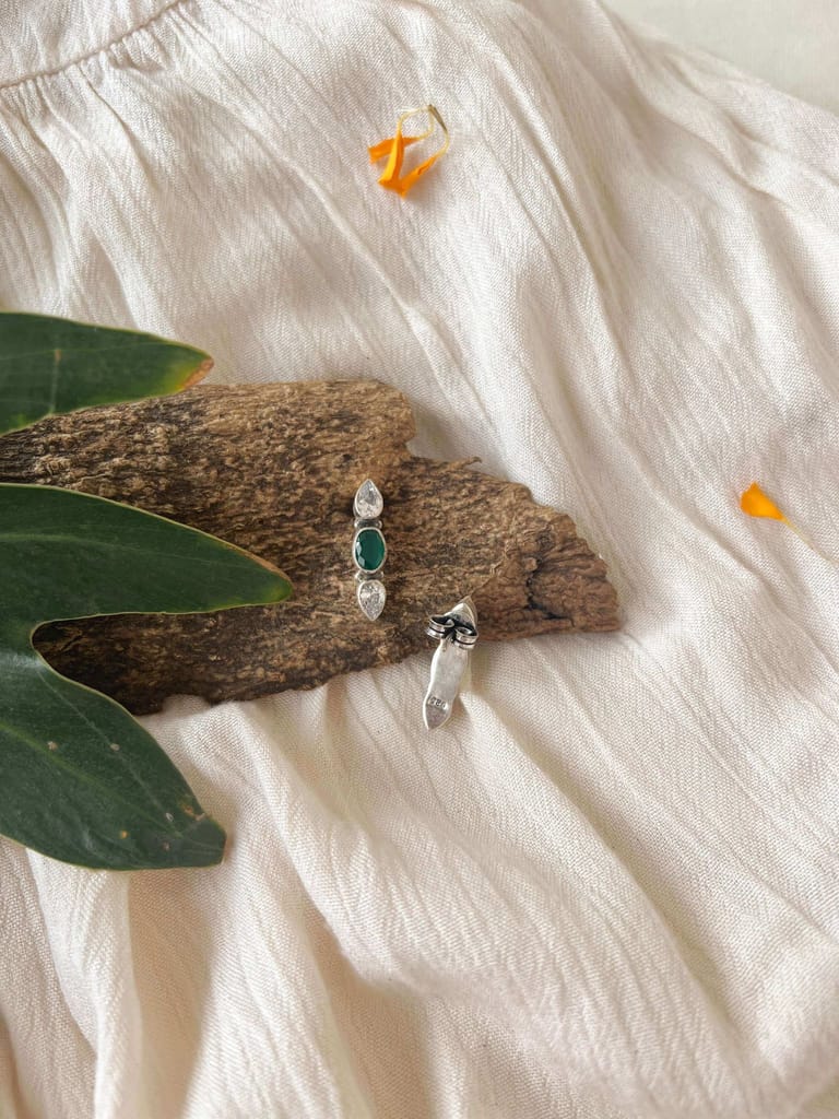 Trinetra mini silver studs with emerald stone