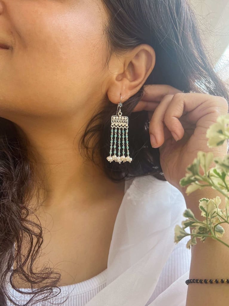 Vrishti silver danglers with aqua beads
