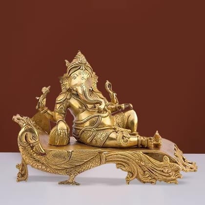 ARTVARKO Large Size Brass Ganesh Bhagwan Idol Resting Position Virajman on Designer Peacock Couch Ganesha Ganapati Ganpati Puja Decor Gift