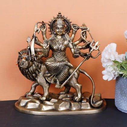 ARTVARKO Brass Maa Durga Idol Sitting On Lion Ma Sherwali Murti Vaishno Devi Statue for Home Mandir Office Living Room Shop Gift Navratra Puja 9 Inch