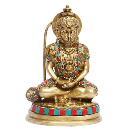 ARTVARKO Brass Hanuman Ji Murti in Meditation Posture with Gada Sitting Multicolor Gemstone Handwork Statue | Idol Home Office D?cor Height 7.5''