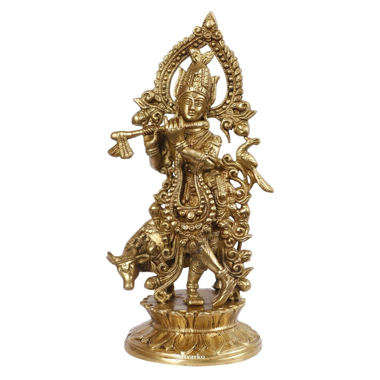 ARTVARKO Brass Lord Bhagwan Krishna Idol Murti with Flute with Cow Statue for Home Temple Decor Entrance Gallery Gift 12-inches, Gold