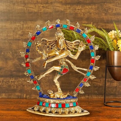 ARTVARKO Brass Metal Dancing God Shiva Bhagwan Idol Natraja Murti Statue with Multicolor Gemstone Work Home D?cor Mandir Pooja Puja Height 8.5 Inches