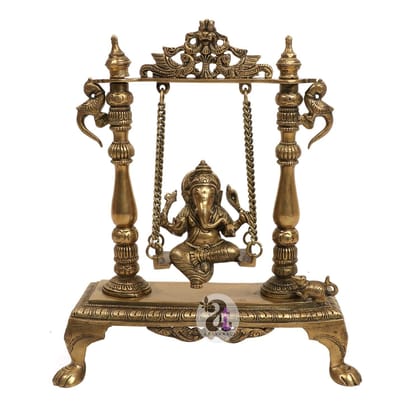 ARTVARKO 13 Inch Large Brass Designer Jhoola Murti Ganesha Virajman Statue Pooja and Home Warming Decor Office for Wedding Gift Vastu Remedy Success Ganesh Chaturthi