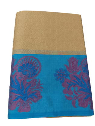 Digital Print Tussar Blue & Yellow Borderd Satin Saree