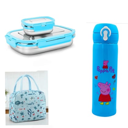 Ganesh Lunch box Airtight Stainless Steel 2 Containers Lunch Box (1100 ml) With Peppa Pig Water Bottle and Insulated Bag