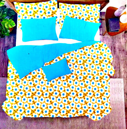 Omkar by R3 Inc. 250 TC Geometric Print Heavy Double Bed Sheet with Pillow Cover -Set of 3 Pcs (Yellow Floral)