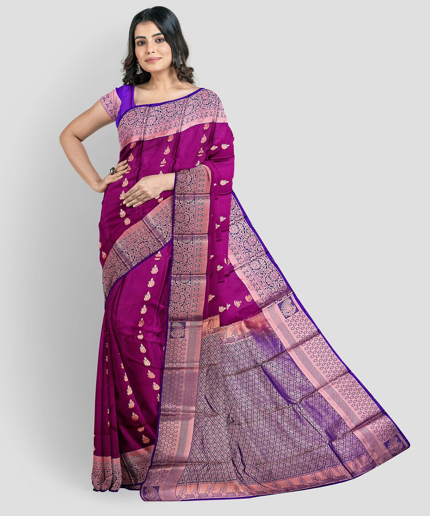 Magenta Color Small Floral Butta Saree with Unstitched Blouse