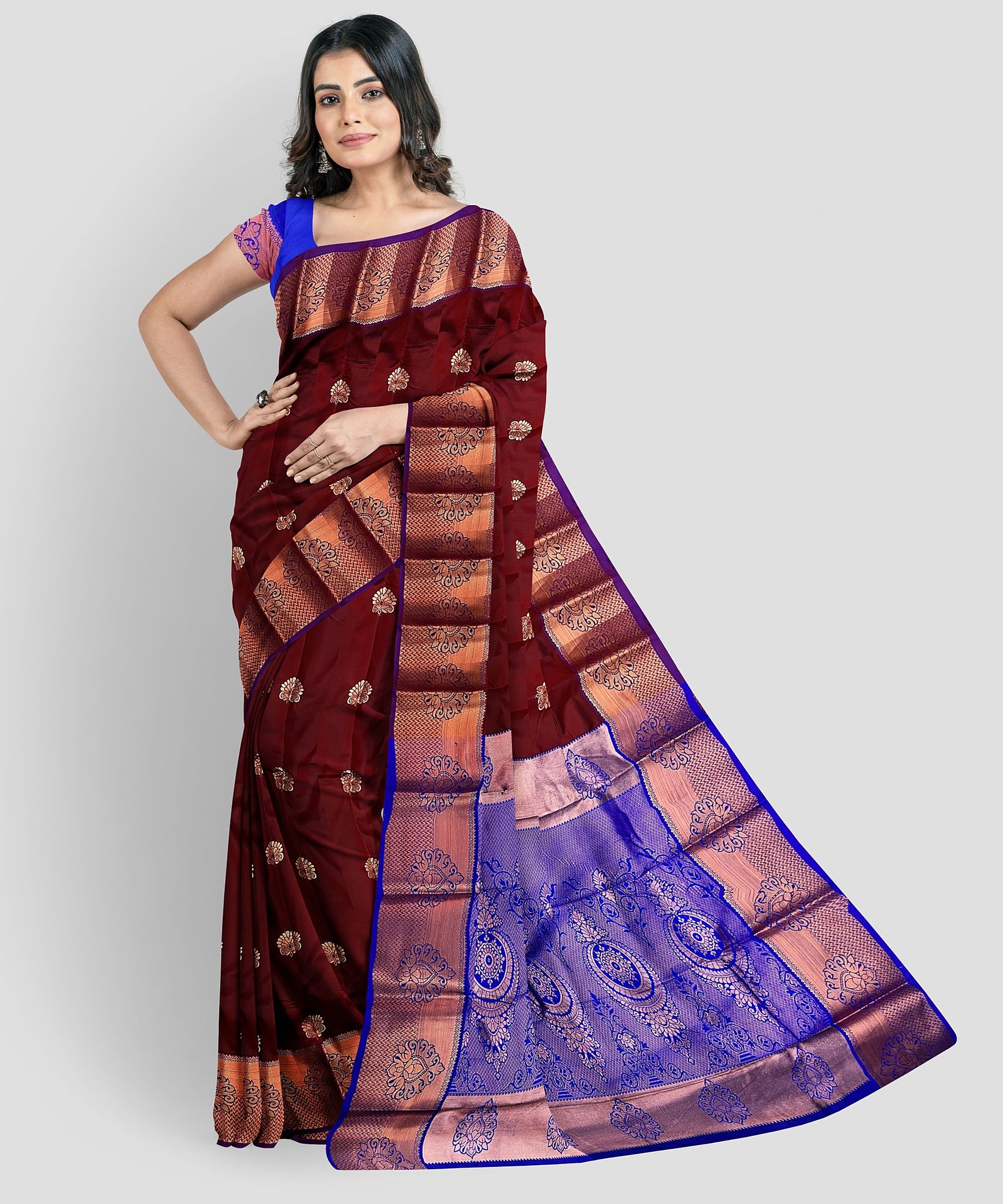 Brown Color Beautiful Small Floral Butta Saree with unstitched Blouse