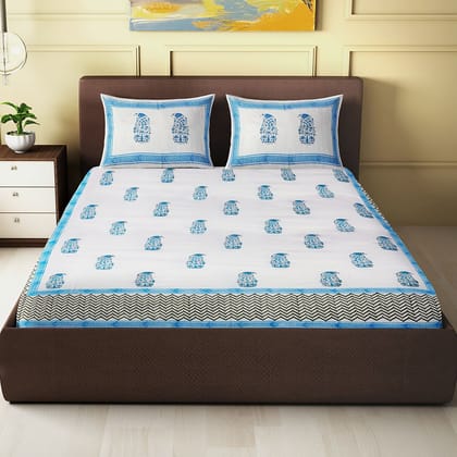 Blue Buta Alankaran Designs- Block Printed King Size Double Bedsheet- 214