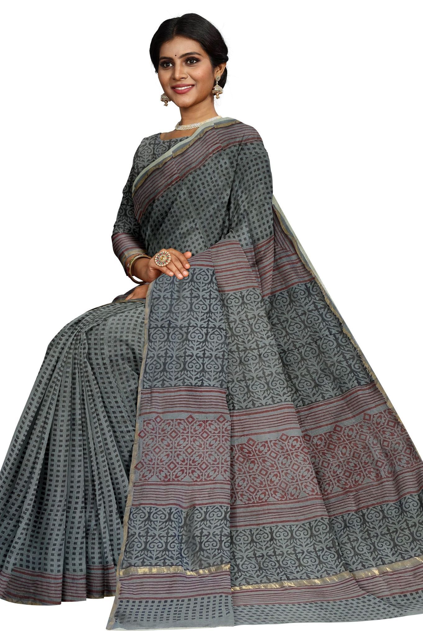 Grey hand block Chanderi printed saree