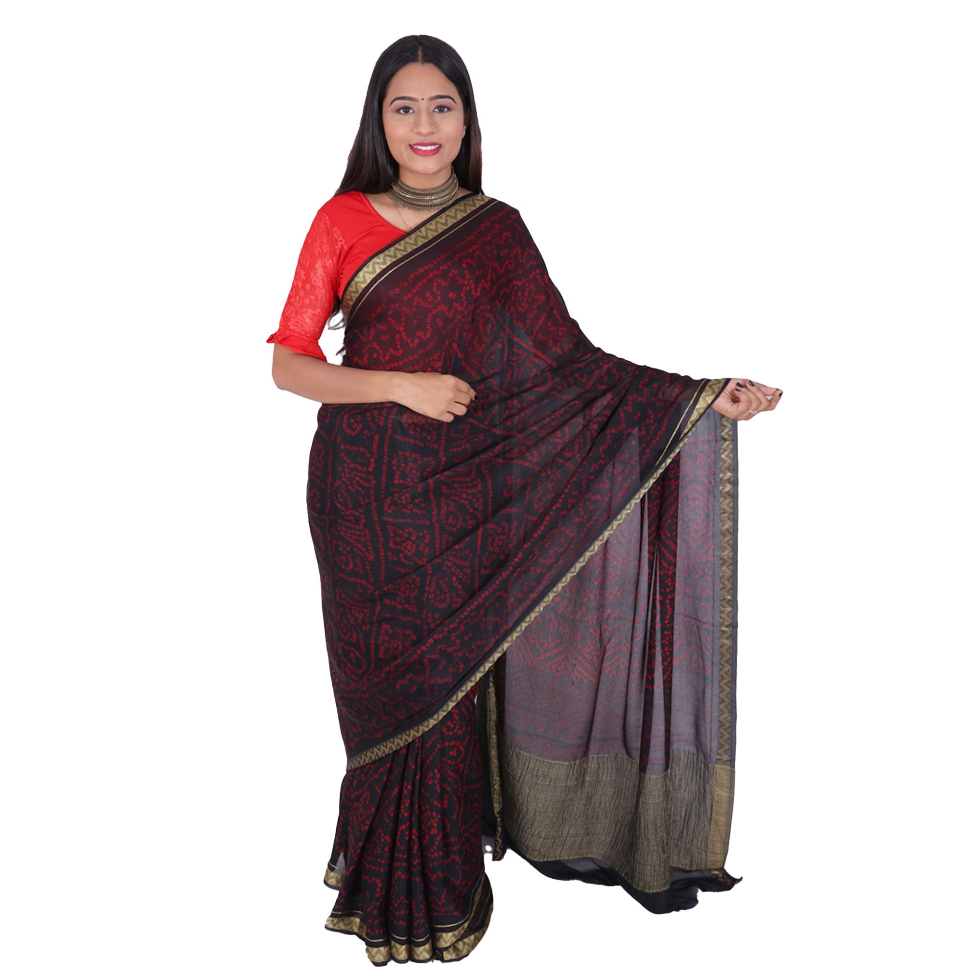 Tribes India Handwoven Black and Red Bandhej Saree