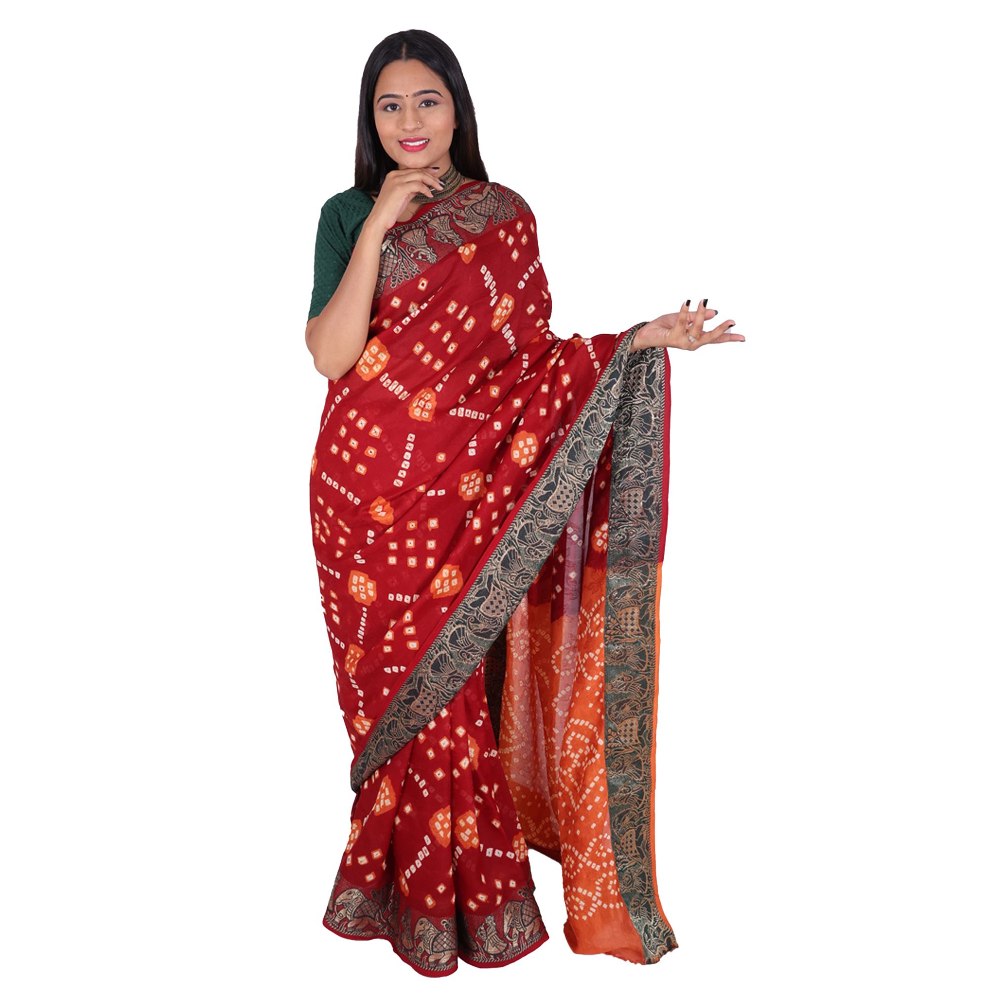Tribes India Handwoven Maroon and Orange Bandhej Saree