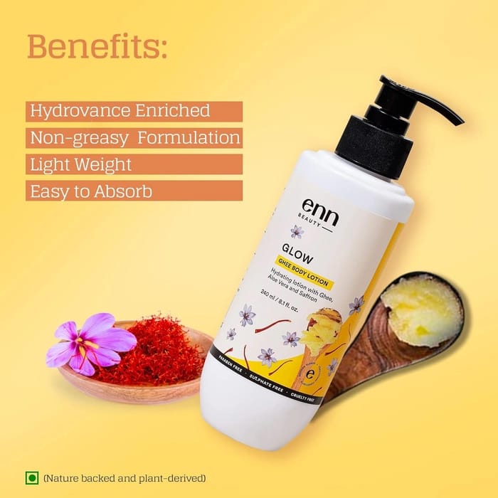 ENN Glow Ghee Body Lotion For Summer, Hydrating Lotion For Dry Skin With Natural Ghee, Aloe Vera & Saffron For Deep Moisturization For Men & Women, 240ml