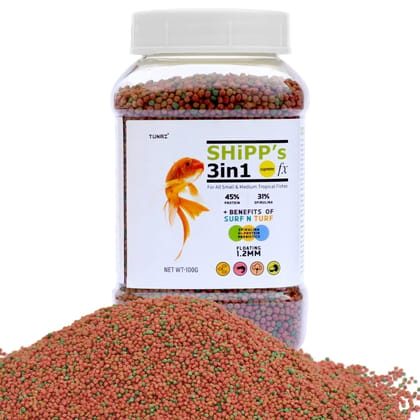 Tunai 3in1 Shipp (Spirulina, Hi-Protein and Probiotics) Fish Food for All Small to Medium Tropical Fishes| Fish Feed for Growth, Color and Strength (100g - Shipp Formula)