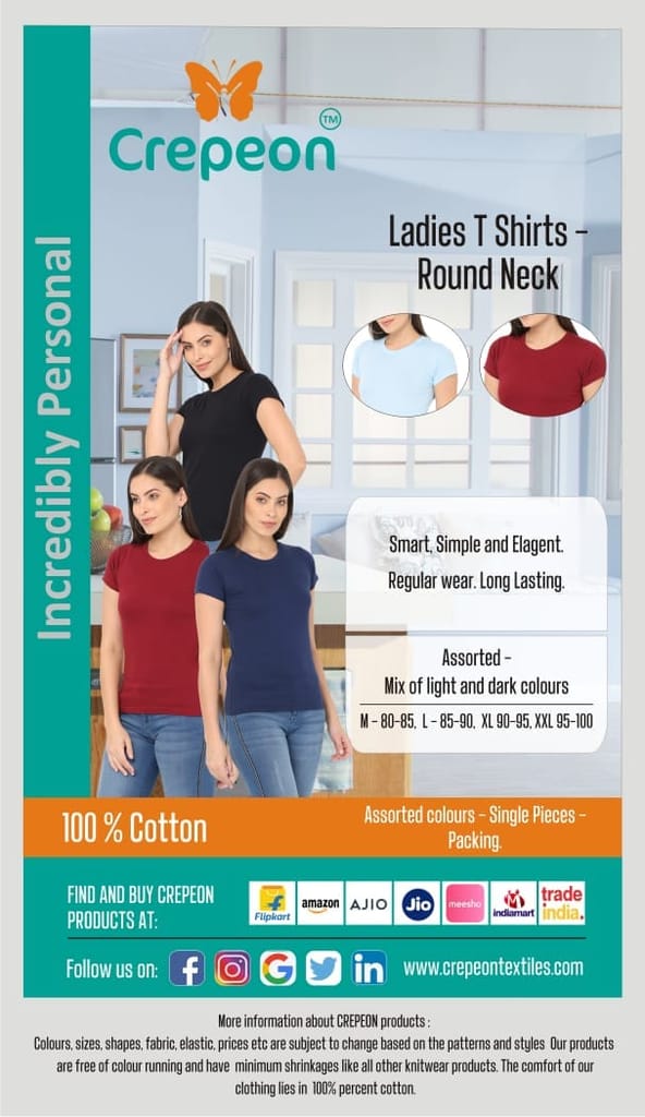 Crepeon Womens Plain Round Neck T Shirt