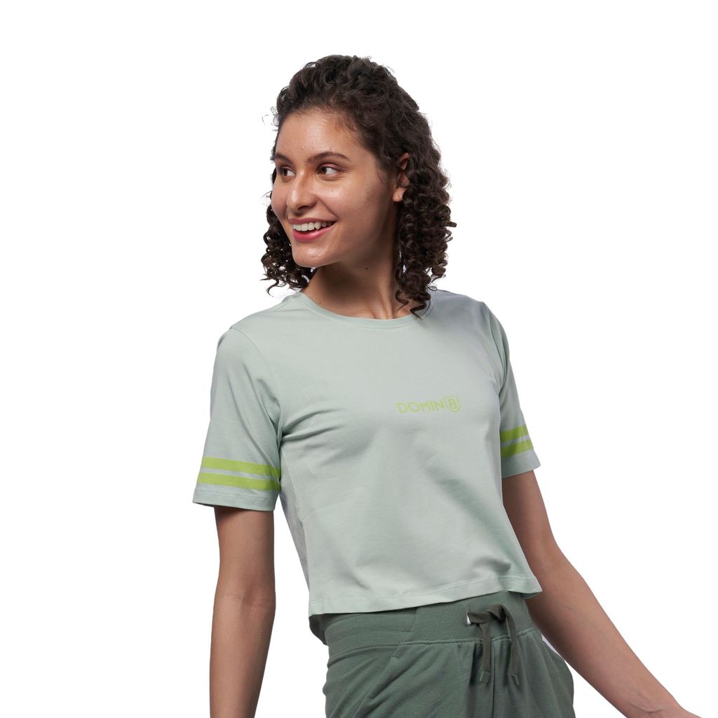 DOMIN8 Women's 95% Organic Crop top with Printed Sleeve Stripe