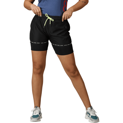 DOMIN8 Women's Branded Drawstring waist Double layered solid training shorts