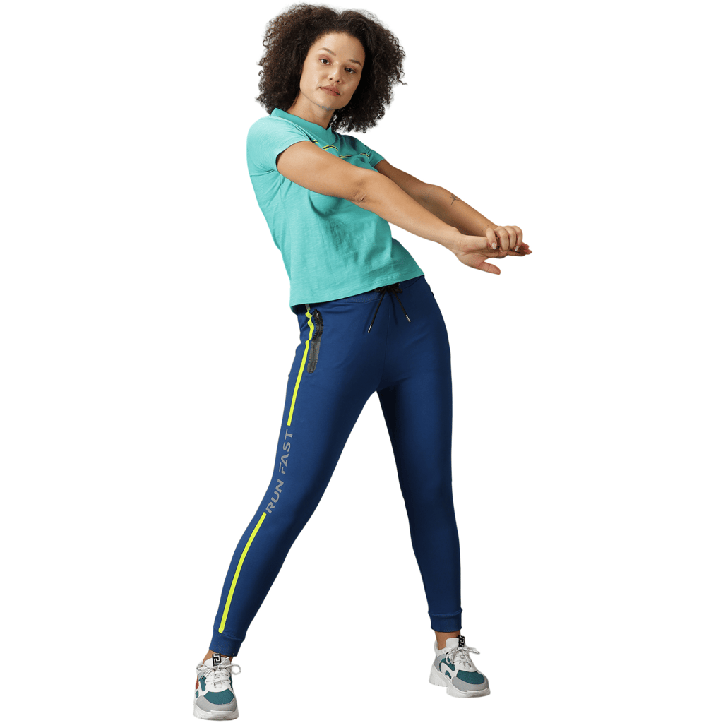 DOMIN8 Women's Branded Drawstring waist Solid Training Track Pants with Sticker print & Zipper Pockets