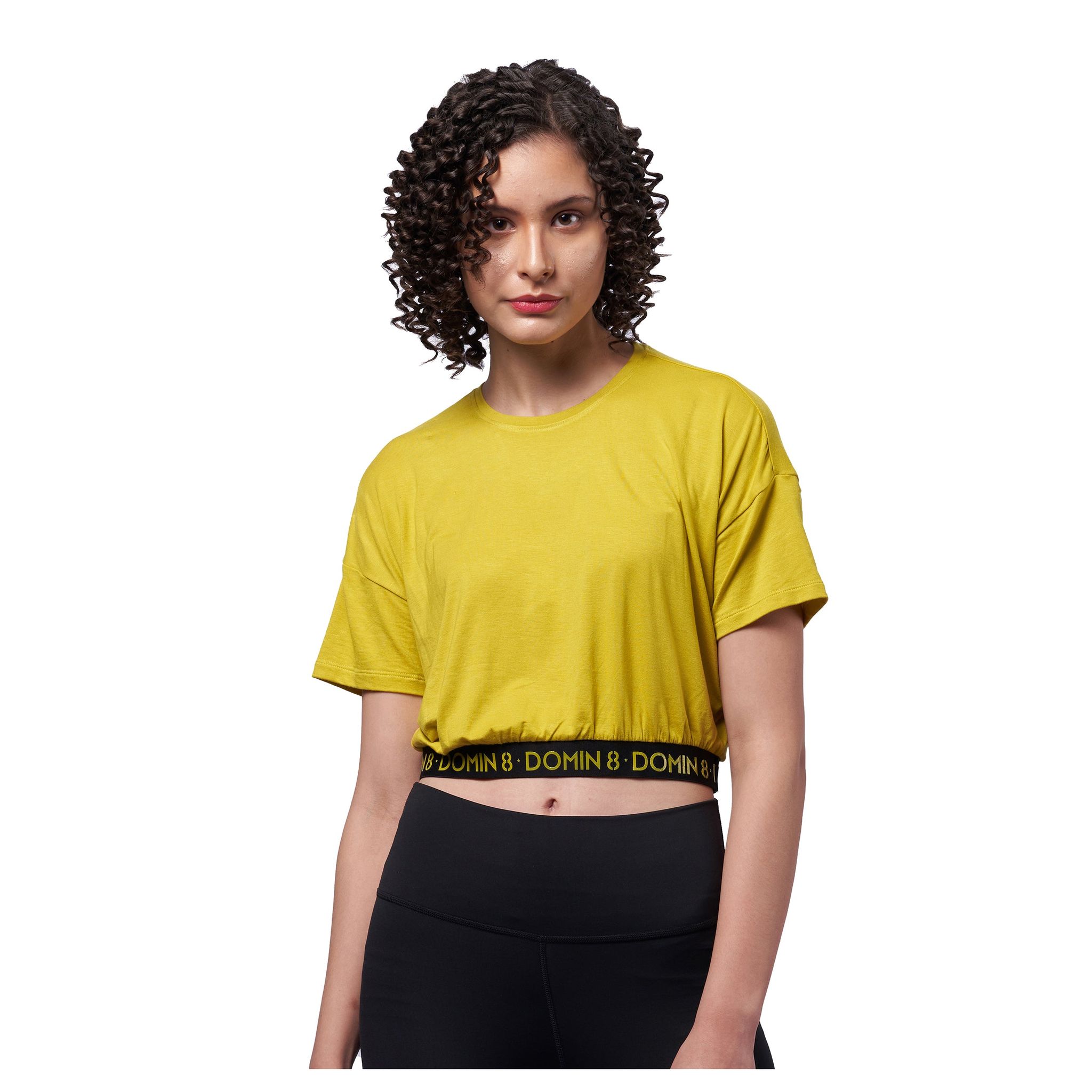 DOMIN8 Women's solid drop shoulder Crop Top with waist elastic band