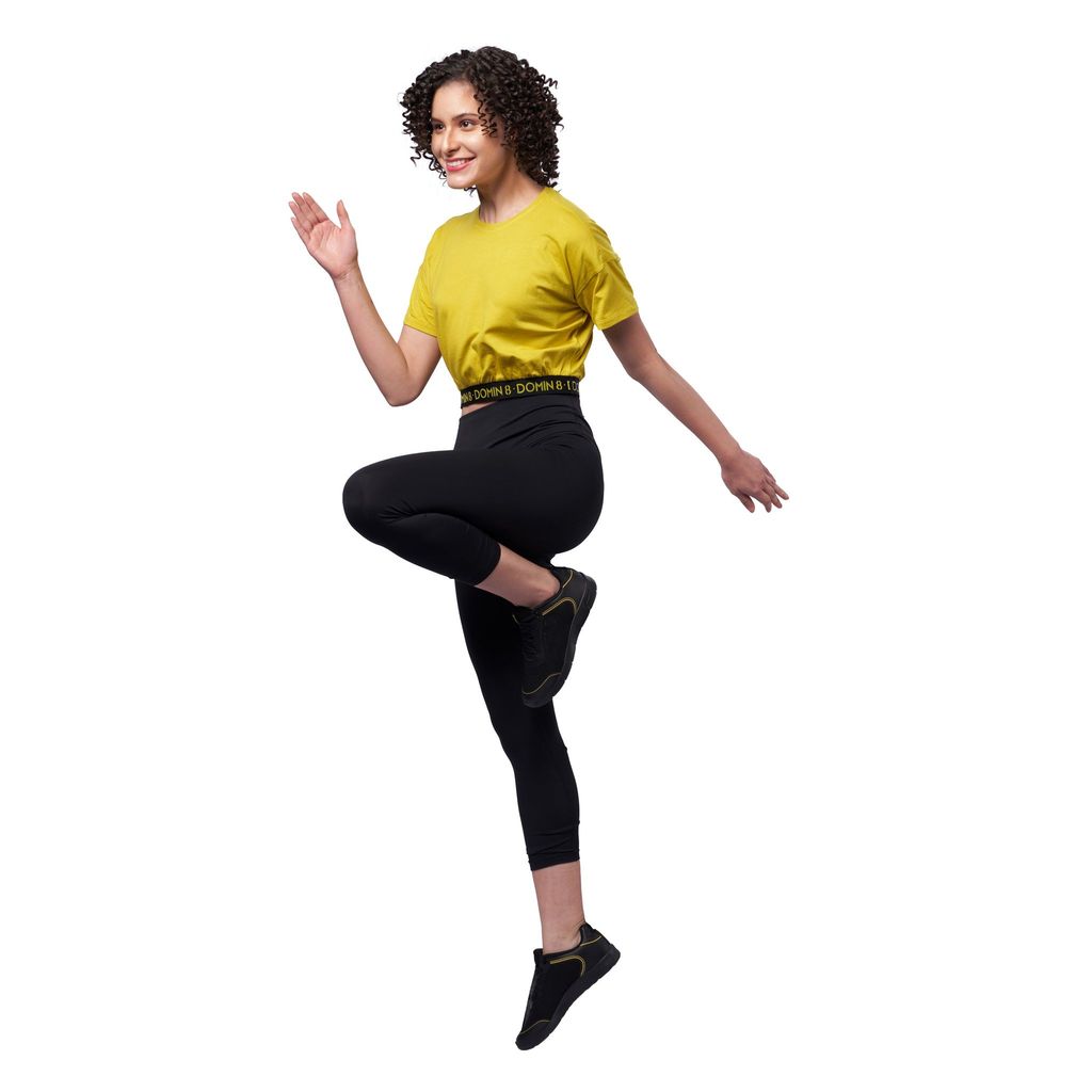 DOMIN8 Women's solid drop shoulder Crop Top with waist elastic band