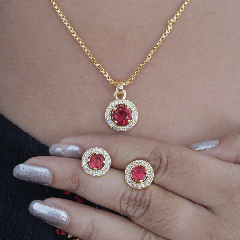 Golden plated cz Red colour round pendant set for girls & women