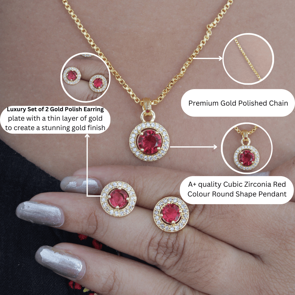Golden plated cz Red colour round pendant set for girls & women