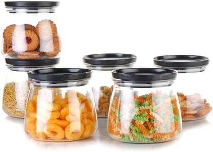 OBISPO Plastic Grocery Container - 800 ml  (Pack of 6, Black, Clear)