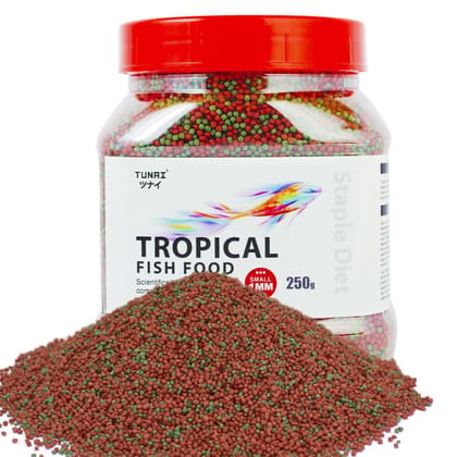 TUNAI Fish Food For Aquarium With 26% Protien | 250G Aquarium Fish Food For All Small And Medium Tropical Fishes| Daily Nutrition Fish Feed For Health And Growth, Pellet