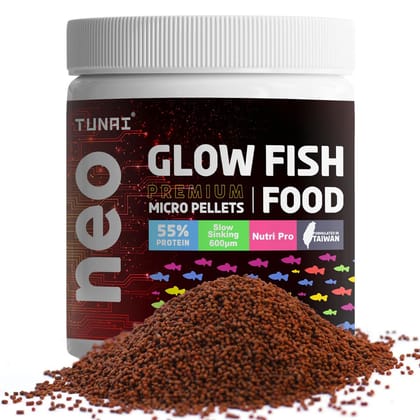 Tunai Glow Widow Fish Food | 40g | 55% Protein for Strong Tissue Growth| 600 Microns Slow Sinking Aquarium Guppy Food (40g - 600 microns Granules)