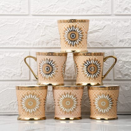 Femora Lotus Pattern with Golden Handle Golden Tea Mugs, Ceramic Tea Cups, Coffee Mugs (180 ml, Golden) - 6 Pcs Set
