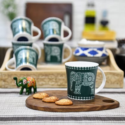 Femora Turquoise Majestic Elephant Design Tea Cups, Ceramic Tea Cups, Coffee Mugs (160 ml) - 6 Pcs Set (Green)